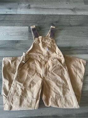 Carhartt Tan Duck Canvas Bib Overalls with Dark Brown Straps Large Regular